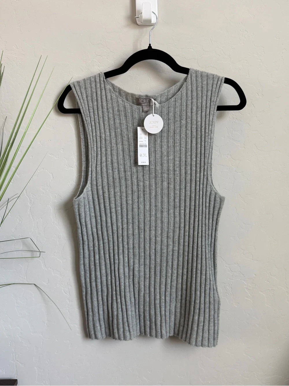 J.Crew 100% Cashmere Ribbed Sweater Tank Shell Heather Gray Large NWT